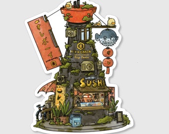 Può includere: Un'illustrazione fantasiosa di un edificio di ristorante giapponese di sushi. L'edificio è in pietra e ha un tetto rosso. Ci sono diverse piante che crescono sul lato dell'edificio, e un cartello che dice "Sushi Stand" in lettere gialle. C'è una piccola figura di un polpo dietro il bancone, e un pesce palla appeso al tetto.
