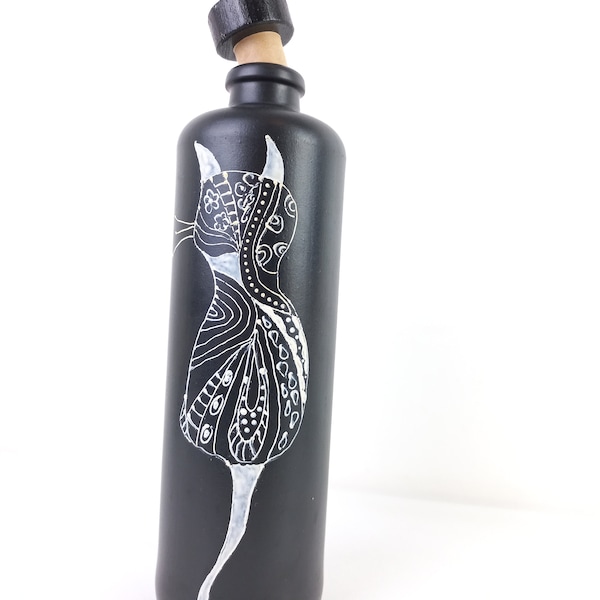 Hand Painted Ceramic Bottle, Handmade Design Bottle, Handpainted Cat on Bottle, Home Decor, Black Vase, Cat Lovers Gift