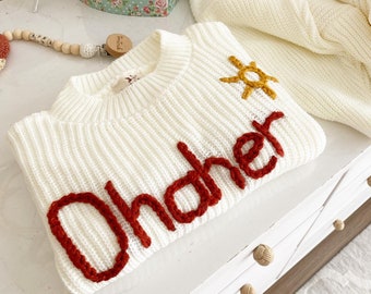 Personalized Hand Embroidered Baby and Toddler Sweater, Oversized Organic Cotton Knit with Name, Perfect for Toddlers & Newborn Gift