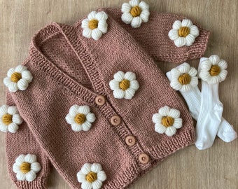 Hand Knitted Floral Baby Girl Cardigan with Socks, Crochet Toddler Outfit, Cute Newborn Clothes, Daisy Girls Gift, for 0-3 Years