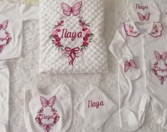 Conjuntos de ropa personalizados para volver a casa con bordado, nombre personalizado para recién nacido, princesa, niña (11 piezas)