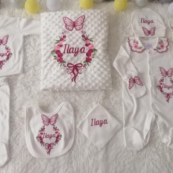 Ensembles personnalisés de vêtements de retour à la maison avec broderie Nom personnalisé personnalisé pour nouveau-né princesse bébé fille (11 pièces)