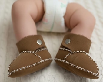 Sheepskin Baby Booties, Organic Leather Soft Sole, Warm Wool Snap Boots, Unisex Newborn Gift