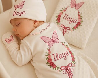 Personalized Newborn Outfit, Embroidered Name Romper, Organic Cotton Baby Hospital Set
