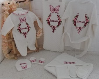 Ensemble Coming Home Outfit avec broderie, prénom personnalisé pour nouveau-né princesse, ensemble de serviettes de bain, peignoir pour bébé, cadeaux pour nouvelle maman