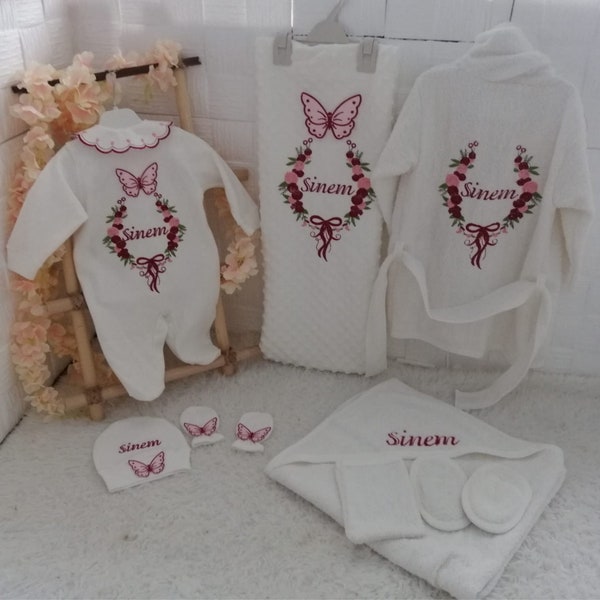 Coming Home Outfit Clothing Sets with Embroideired, Custom Name for Newborn Princess Baby Girl, Baby Bathrobe Towel Set, Gifts for New Mom