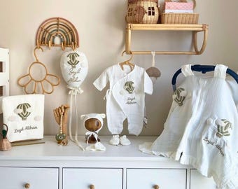 Personalized Newborn Boy Muslin Romper Set: Hot Air Balloon Embroidery
