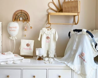Embroidered Organic Muslin Newborn Romper Set: Personalized Baby Girl Outfit