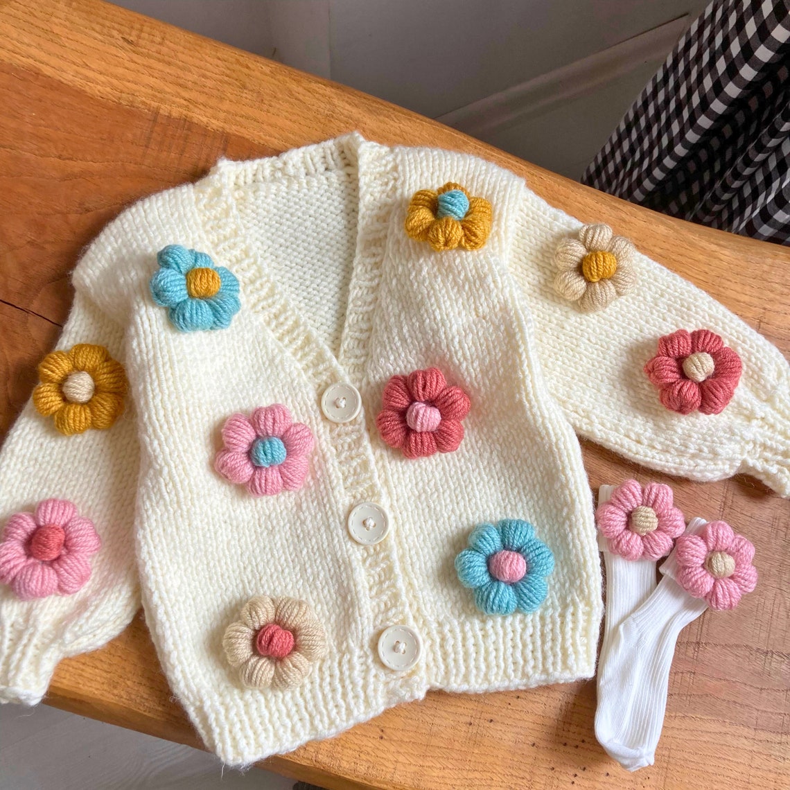 Handmade Knit Cardigan With Floral Flower Design and Baby Knee - Etsy
