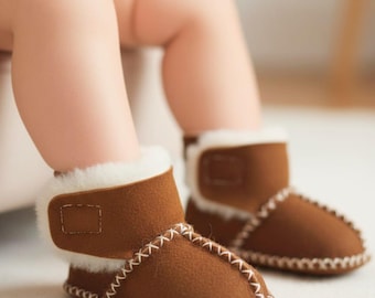 Handmade Sheepskin Baby Booties, Wool Lined Winter Shoes for Baby Gift