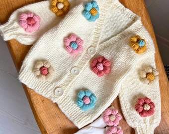 Knit Baby Cardigan: Hypoallergenic Wool, Daisy Flower Design