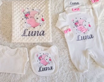 Name Embroidery Newborn Girl Coming Home Outfit, Custom Pattern Baby Girl Hospital Outfit, 10PCS Moon Baby Girl Romper Set, Baby Shower Gift