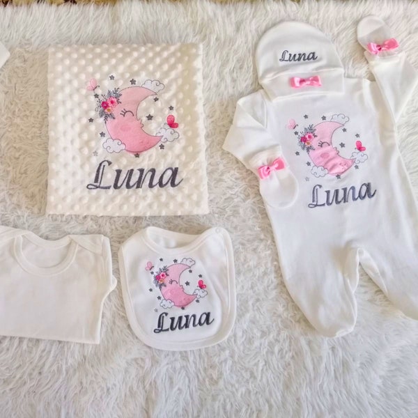 Prénom à broder, tenue de retour à la maison pour nouveau-né fille, tenue d'hôpital pour bébé fille motif personnalisé, 10 pièces ensemble barboteuse lune pour bébé fille, cadeau de baby shower