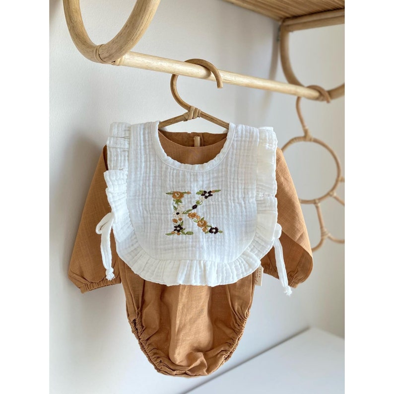 Muslin Ruffled Bibs Personalized Muslin Baby Bib: Embroidered Floral Initial, Ruffled ...