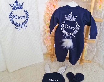 Personalized Newborn Boy Coming Home Outfit with Embroidered Name, Custom Baby Romper and Blanket, Navy Blue Hospital Clothing Set