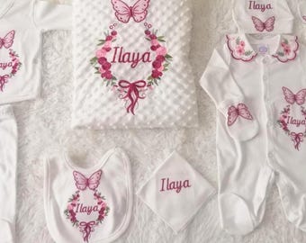 Personalized Baby Girl Coming Home Outfit: Embroidered Newborn Gift Set