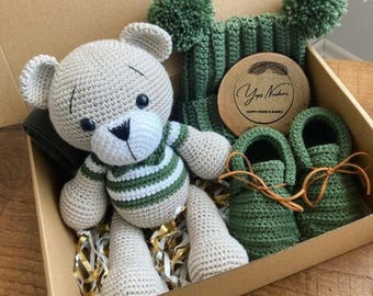 Crochet Teddy Bear Amigurumi Doll with Booties & Hat: Newborn Gift Set