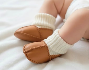 Handmade Lambskin Baby Booties with Knit Socks – Warm Winter Shoes