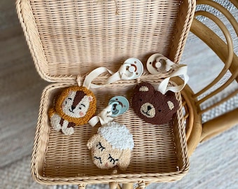 Punch Embroidery Pacifier Clip: Animal Figures, Moon & Star, Newborn Gift