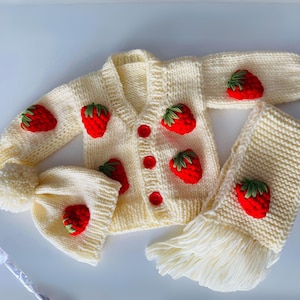 Strawberry Themed Baby Girl Cardigan with Matching Beanie and Scarf, Handmade Warmth, Ideal Baby Shower Gift