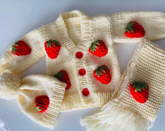 Strawberry Themed Baby Girl Cardigan with Matching Beanie and Scarf, Handmade Warmth, Ideal Baby Shower Gift