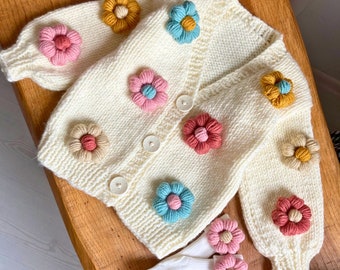 Handmade Knit Cardigan with Floral Flower Design and Baby Knee Socks for Newborn and 0-3 Years Babies