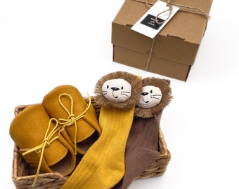 Adorable ensemble de chaussettes et mocassins animaux pour tout-petits - Genoux hauts et chaussons pour nouveau-nés, panier-cadeau de mocassins pour bébé parfaits pour maman