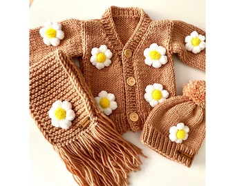 Floral Knit Baby Girl Cardigan - Cozy Handmade Sweater with Matching Beanie & Scarf Set for Gift