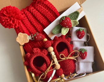 Strawberry Knitted Baby Gift Set, Organic Cotton Hat, Booties, Socks, Pacifier Chain