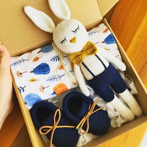Baby Boy Present Box, Crochet Newborn Hat Booties and Doll Set, Personalized Name Pacifier Chain, Custom Baby Boy Basket, Baby Boy Box Gift