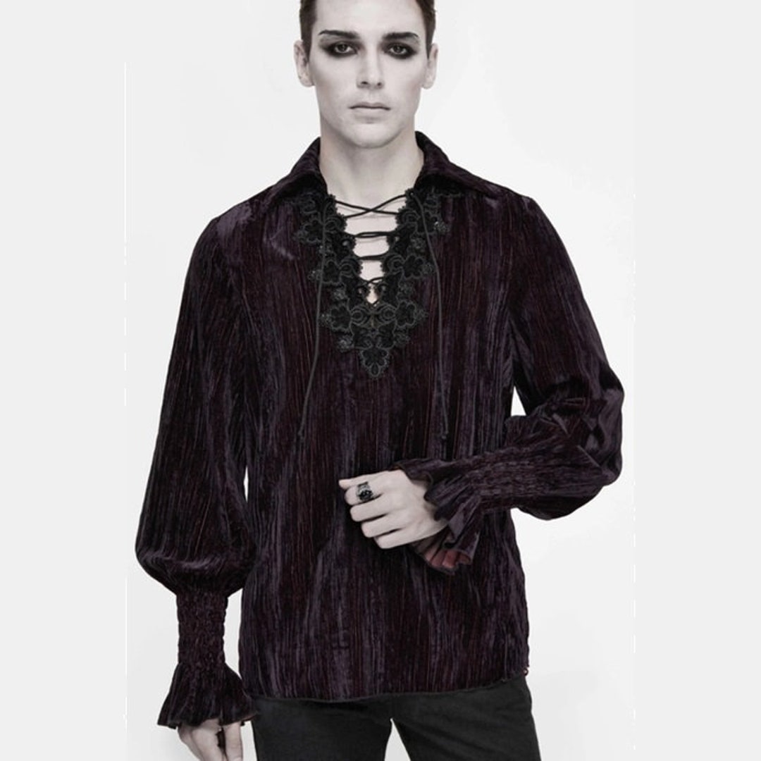 Vampire Rope Pirate Style Men Shirt, Black Vampire Gothic Shirt, Velvet Black ...