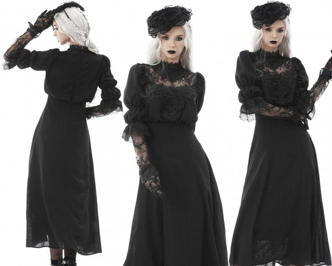 Black Victorian Gothic Funeral Dress, Myterious Black Dress, Goth Black
