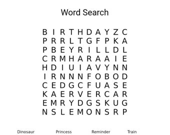 以下が含まれることがあります： 「Word Search」というタイトルの単語検索パズルが掲載された白いページ。パズルには文字のグリッドと、「Birthday」や「Lemons」などの検索する単語のリストが含まれています。