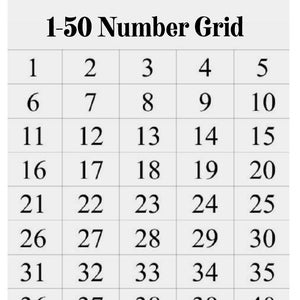 May include: A black and white grid with the numbers 1 through 50 in order. The numbers are arranged in rows of five, with the first row starting with 1 and the last row ending with 50.