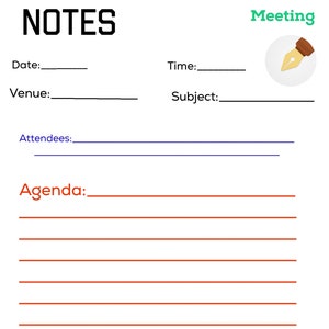 Może przedstawiać: Pusty szablon notatek ze spotkania z tytułem "NOTES" i "Meeting" w zielonym kolorze. Szablon zawiera sekcje na datę, godzinę, miejsce, temat, uczestników i agendę. W prawym górnym rogu znajduje się ikona pióra, a w lewym dolnym rogu ikona ołówka.