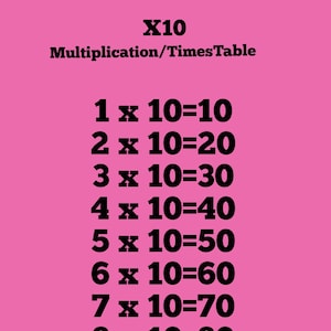 10 Times Table Multiplication printable Digital Download, educational, learning, Home schooling