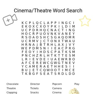 Cinema, Theatre, Wordsearch, Game, puzzle, kids activity, fun, printable, popcorn, snacks, learning, hon schooling,digital Download