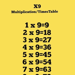 May include: A yellow background with black text showing the multiplication table for the number 9. The text reads "X9 Multiplication/TimesTable" at the top and then lists the multiplication facts from 1 x 9 = 9 to 10 x 9 = 90.