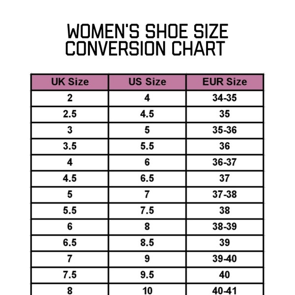 Women's Shoe size Conversion Chart, shoe guide, size guide, instant, printable, Digital Download