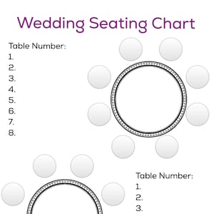 Peut inclure: Un plan de table de mariage avec deux tables. Chaque table a une table ronde avec une bordure décorative et huit sièges autour. Les tables sont numérotées de 1 à 8.