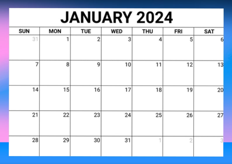 January 2024 Month Colour Calendar, Calender, Instant, Printable