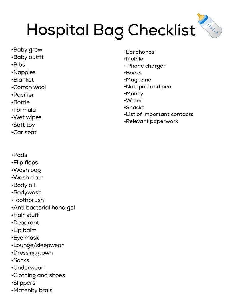 Hospital Bag Checklist Printable Digital Download Etsy