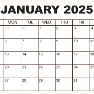 January 2025, month calender, Calendar, printable, New Year, wedding, digital download, instant