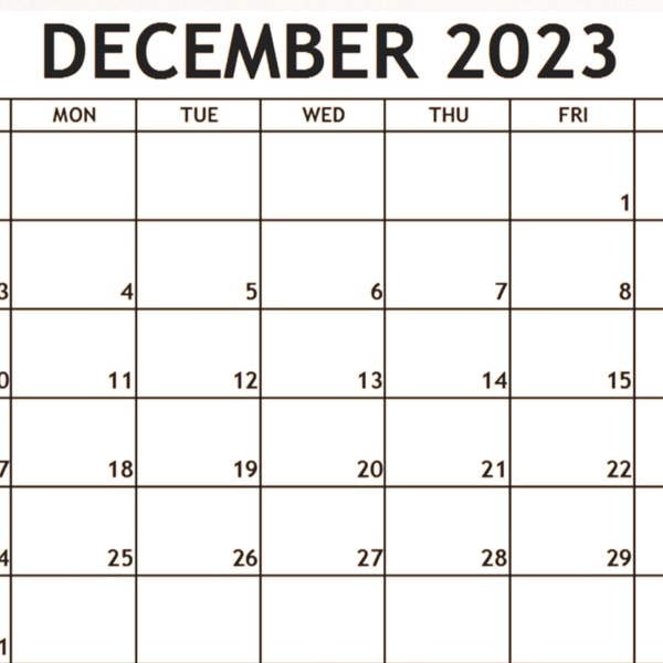 December Month 2023 Calendar Instant Printable Digital Download