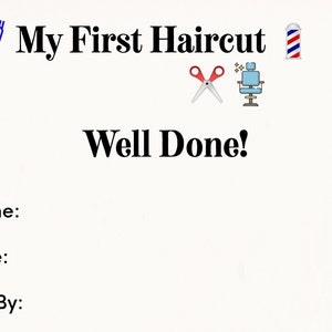 My First Haircut Certificate, Award, Barber, Hairdresser,  Novelty, Template, Instant, Printable, Digital Download