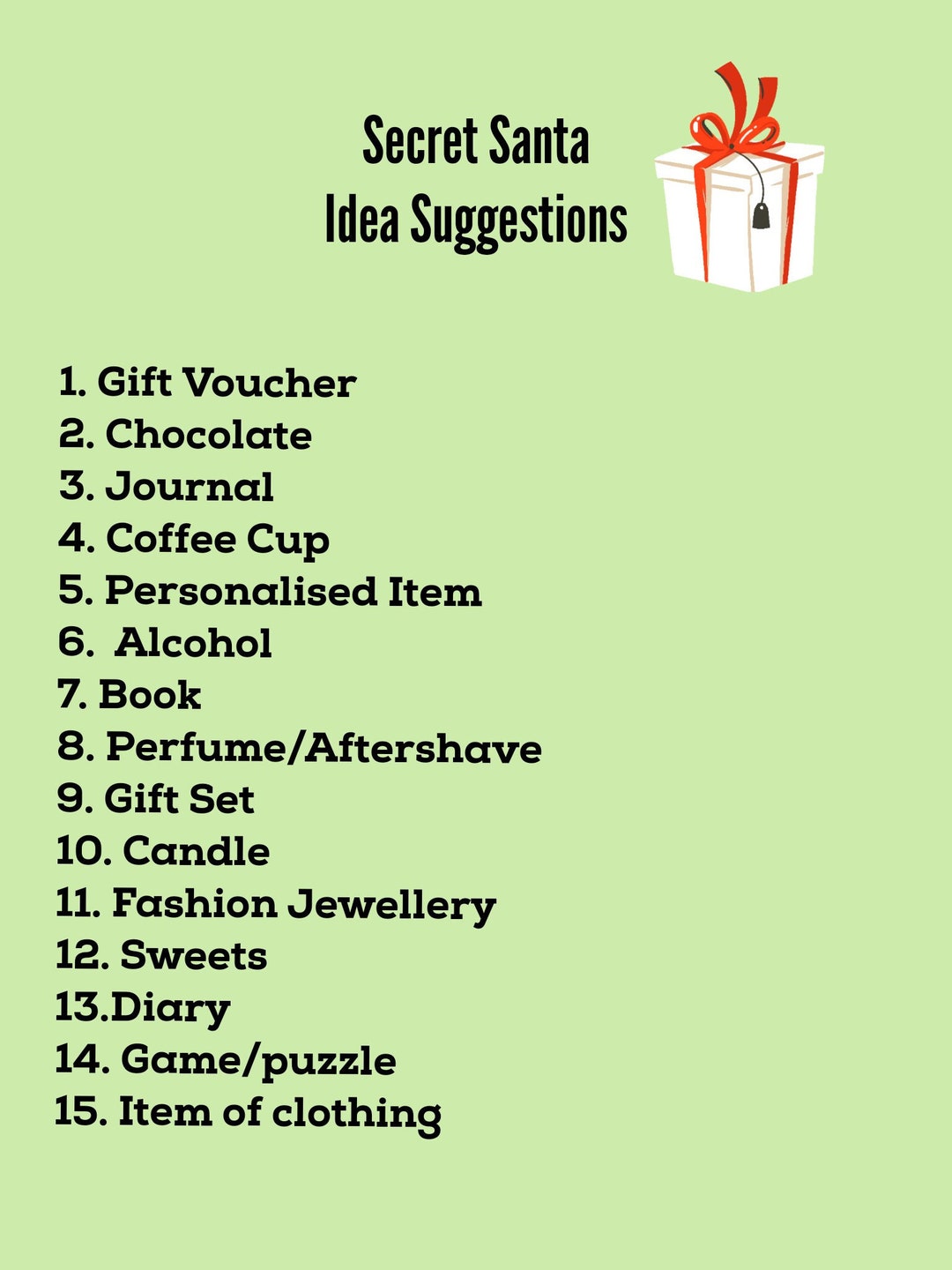 Secret Santa Idea Suggestions, Printable, Digital Download Etsy