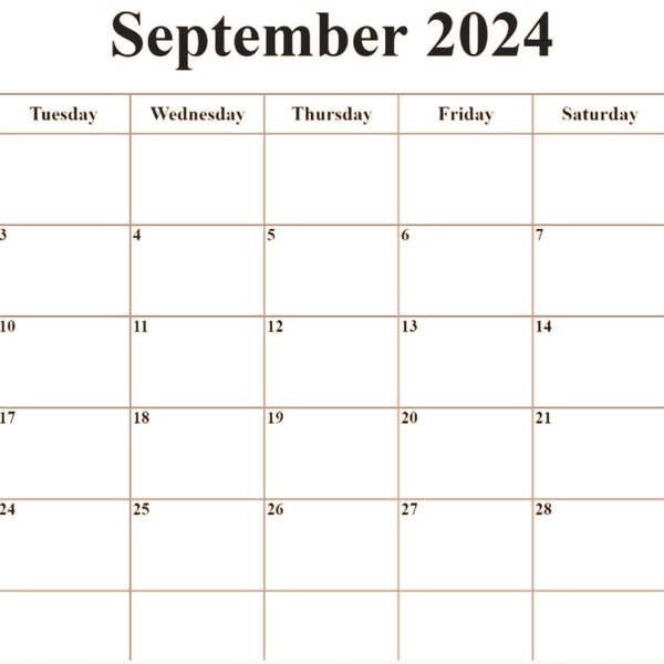 Calendrier du mois de septembre 2024, calendrier, organisation, réservations, rendez-vous, instantané, imprimable, téléchargement numérique