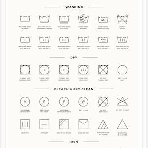 May include: A black and white laundry care guide with symbols and instructions for washing, drying, bleaching, and ironing clothes. The guide includes instructions for machine wash, hand wash, tumble dry, dry clean, and iron.