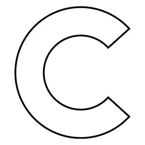May include: A black and white outline of the letter C.