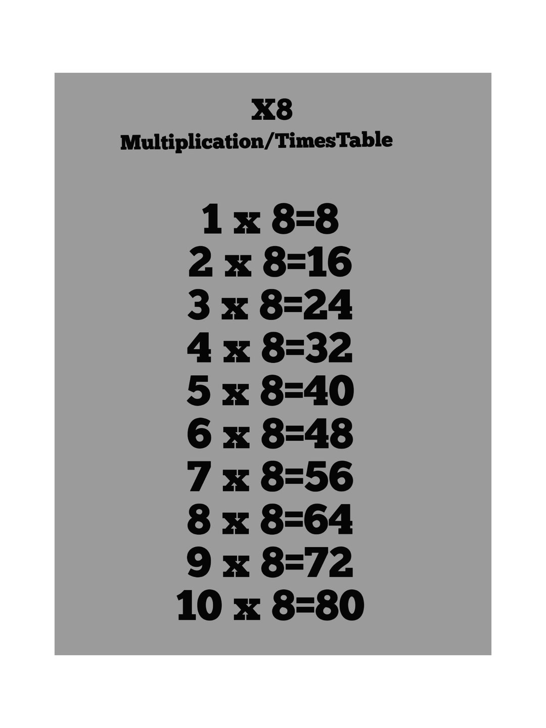 8 Timestable Multiplication Black and White Instant Printable